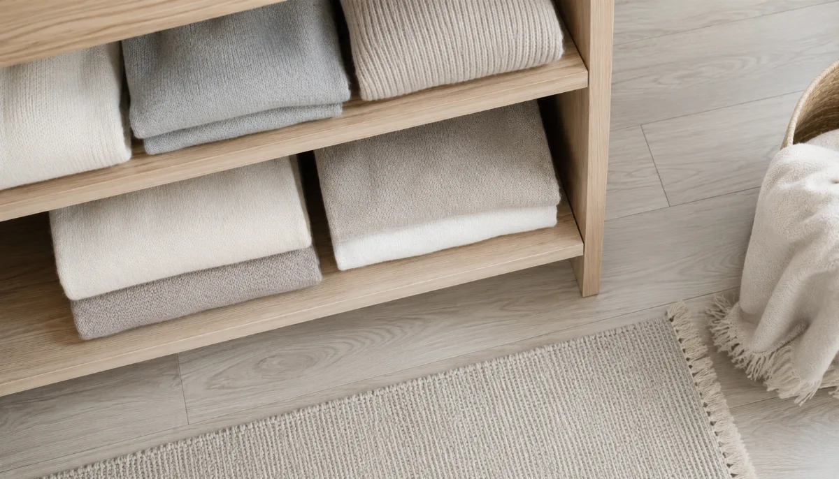 Folded sweaters stacked neatly on an open shelf