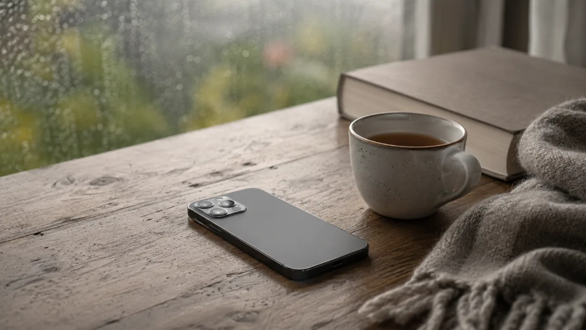 Single phone face-down beside a book and a cup of tea