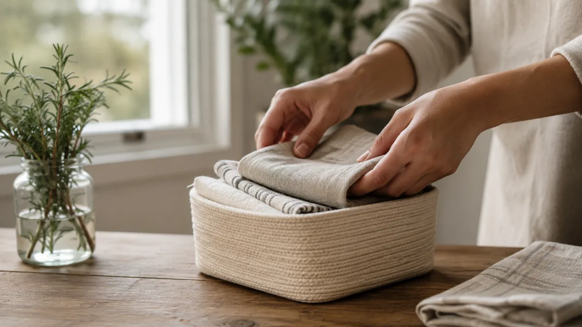 Hands folding items into a small storage basket