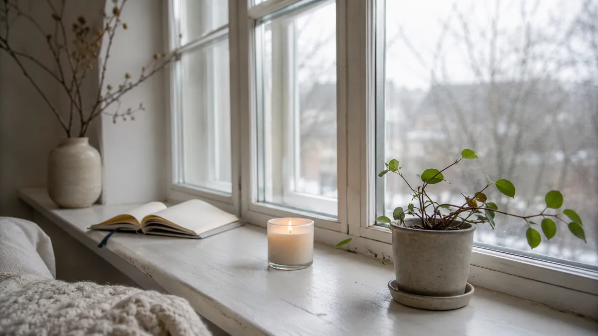 Serene windowsill with a candle and a small plant