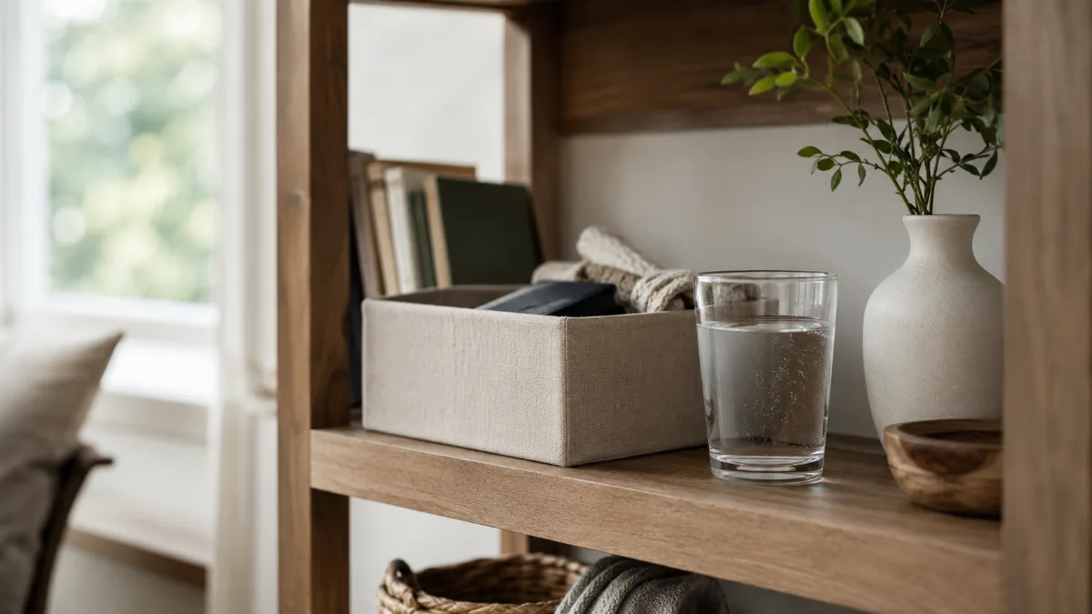 Tidy shelf mid-organization with a few items set aside in a box