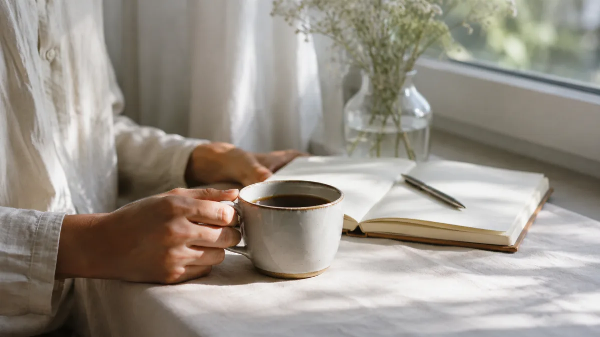 Bright morning scene with coffee and a notebook by a window