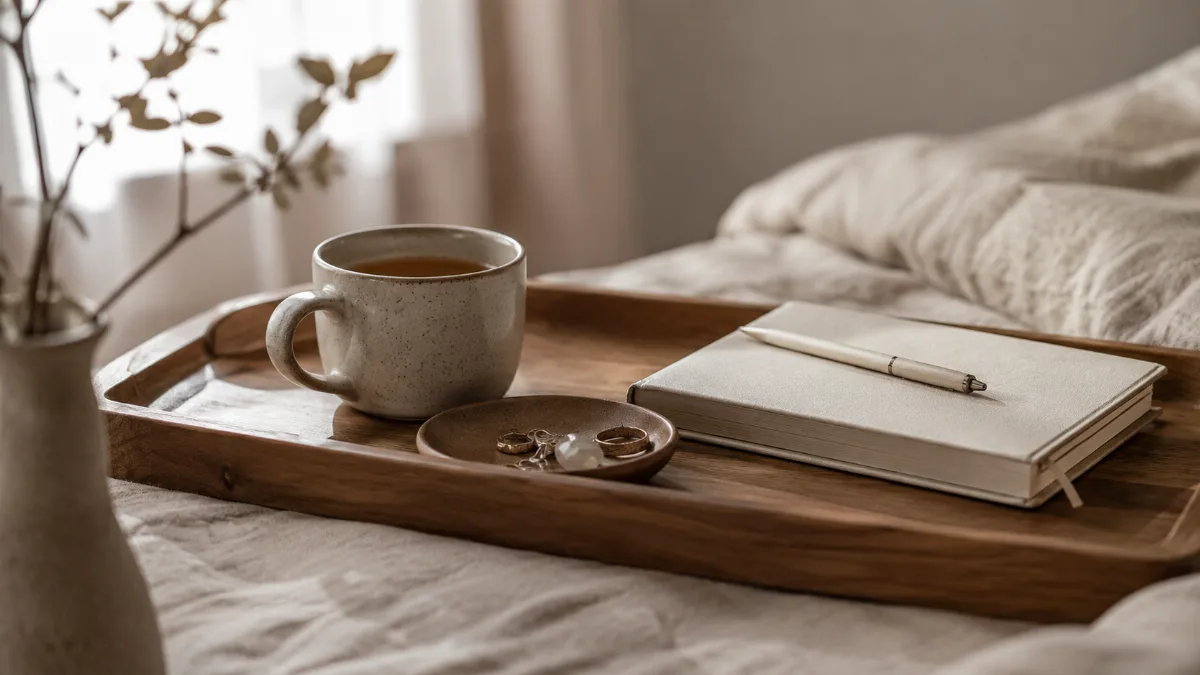 Simple morning tray with tea and a journal