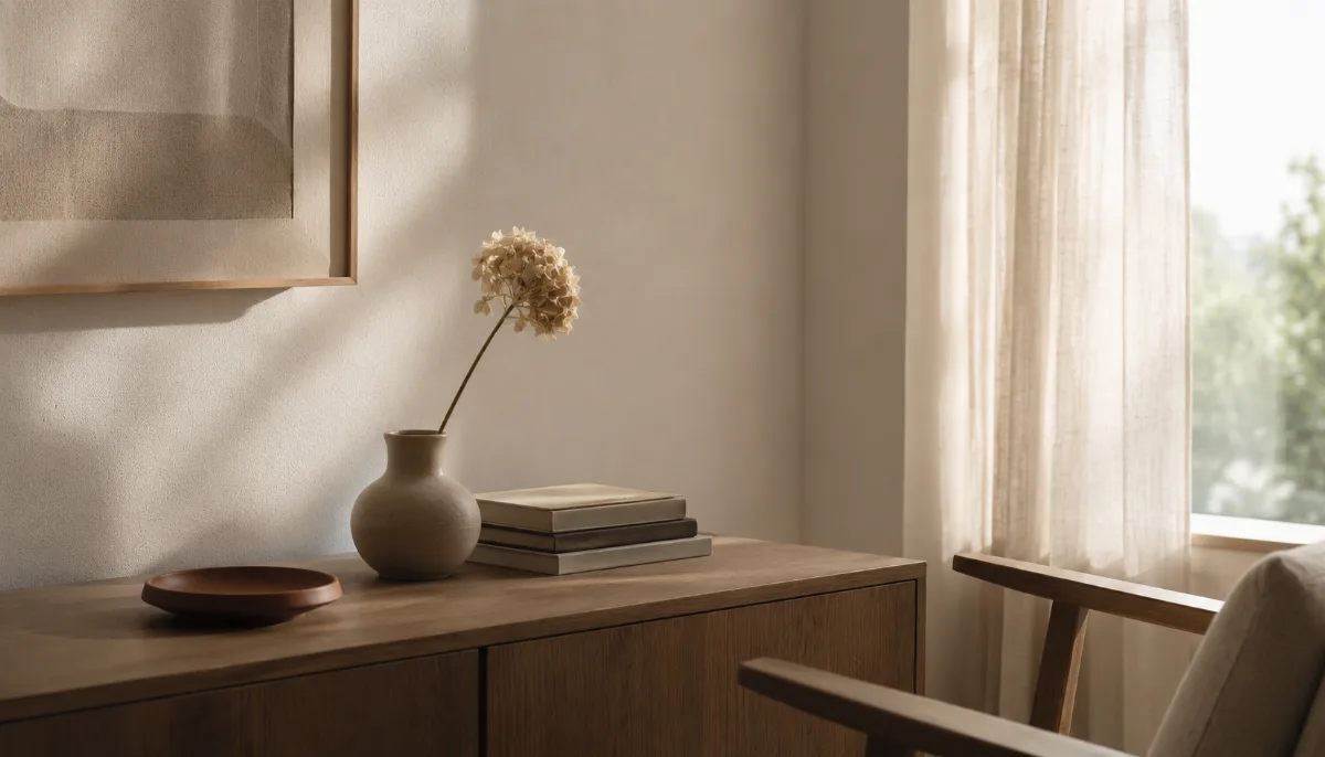 Calm minimalist interior with natural light and a few simple objects