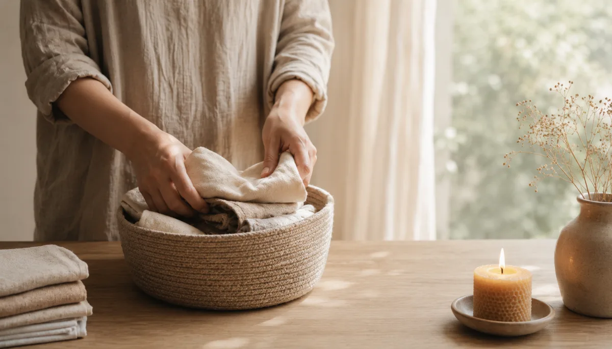 Hands folding items into a small storage basket