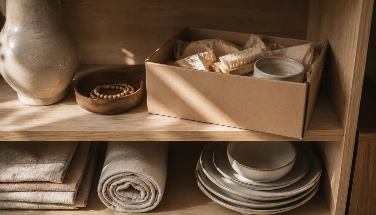 Tidy shelf mid-organization with a few items set aside in a box