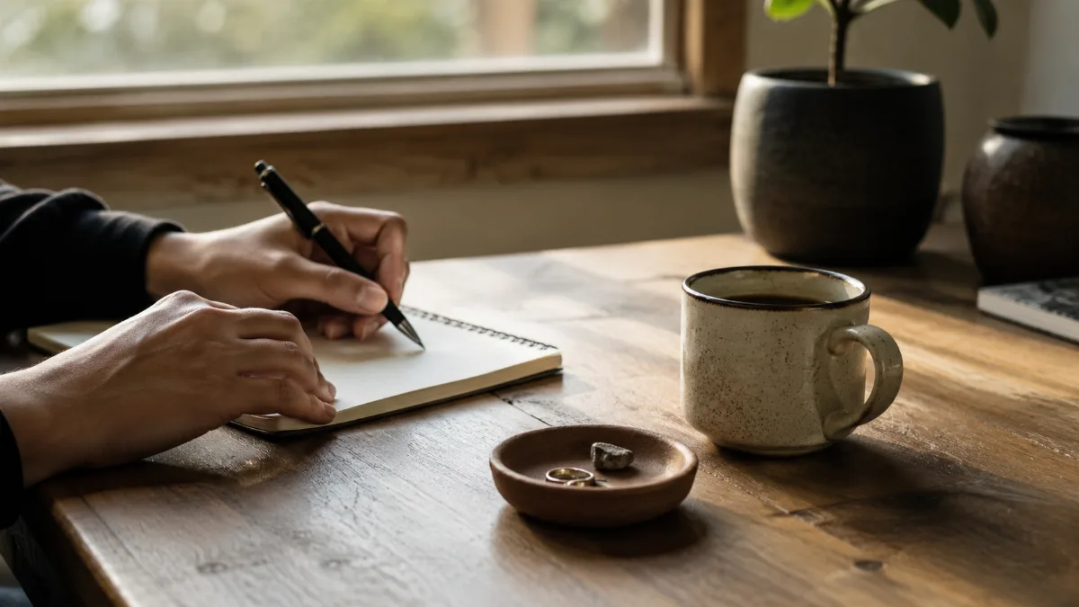 Clean wooden desk by a window with a notebook, pen and a cup of coffee