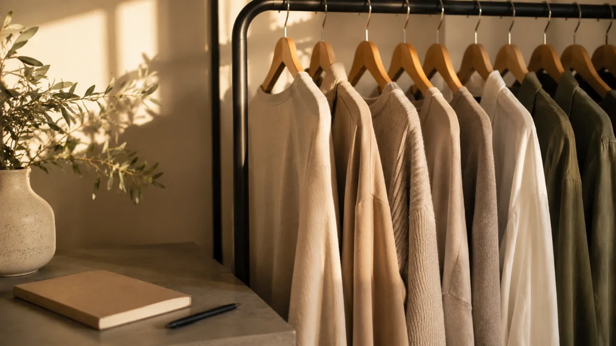 Clothing rail holding a tidy capsule of neutral garments