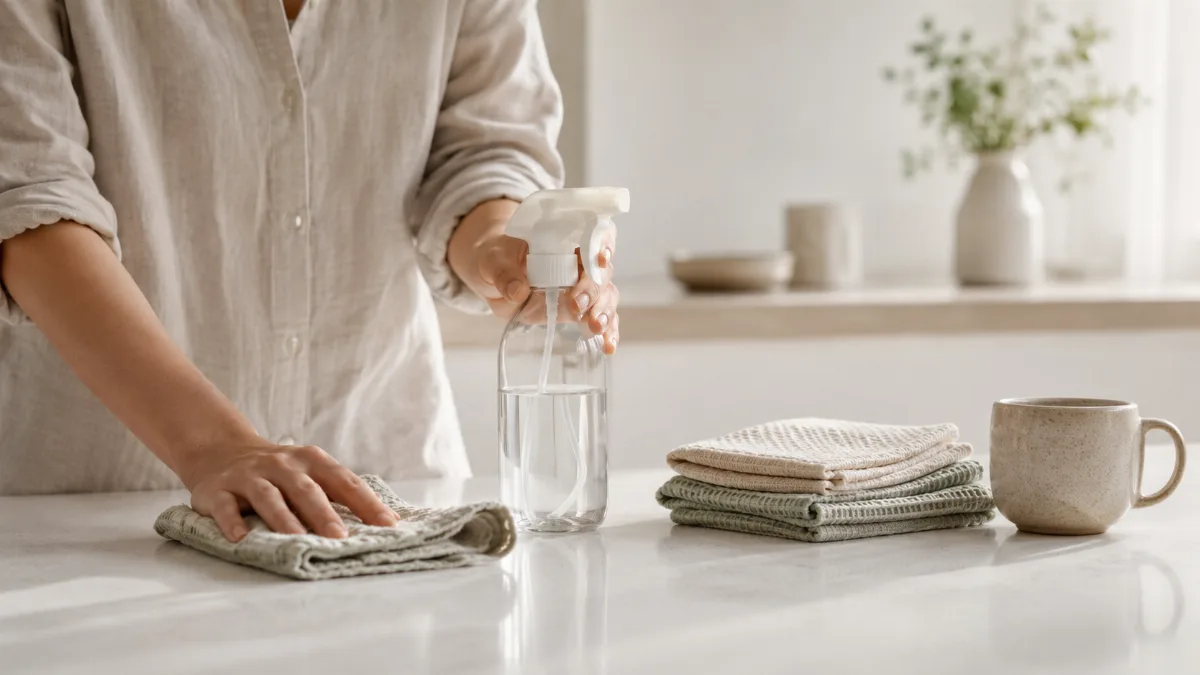 Neatly arranged cleaning cloths and a refillable spray bottle on a clean surface