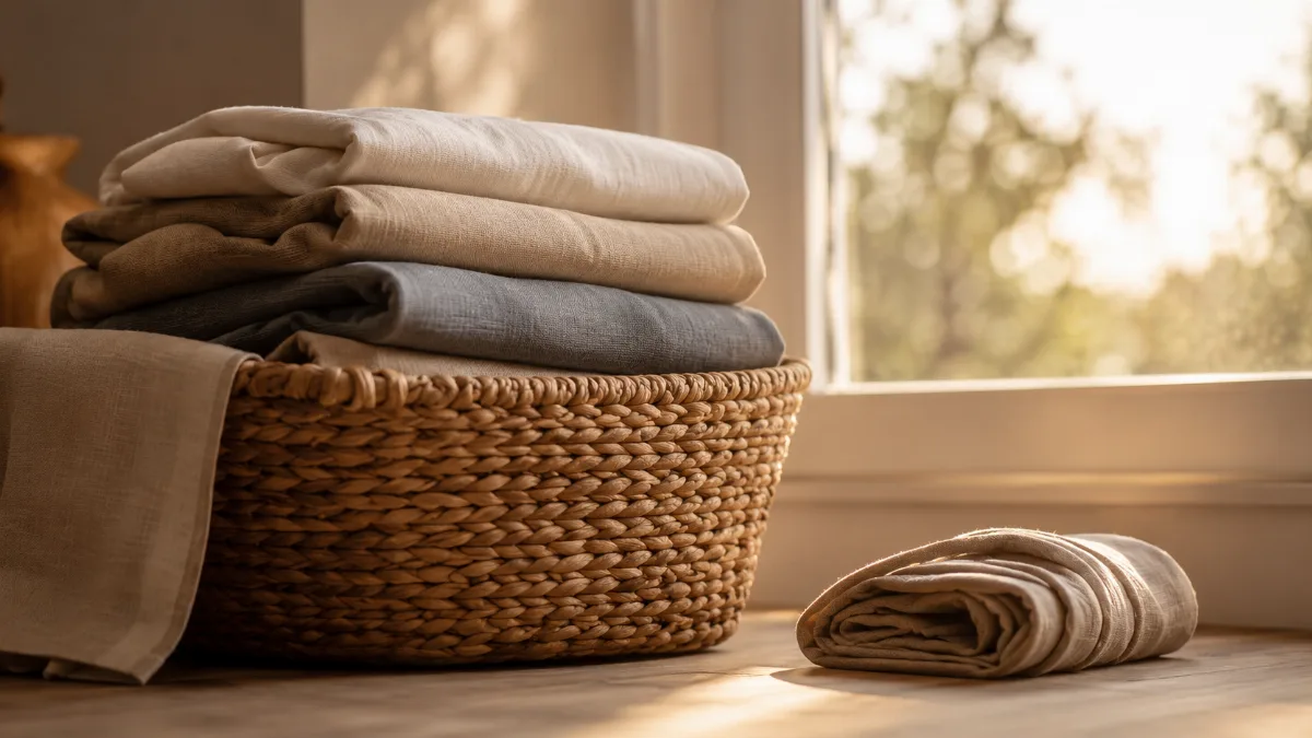 Folded laundry stacked in a woven basket by a window