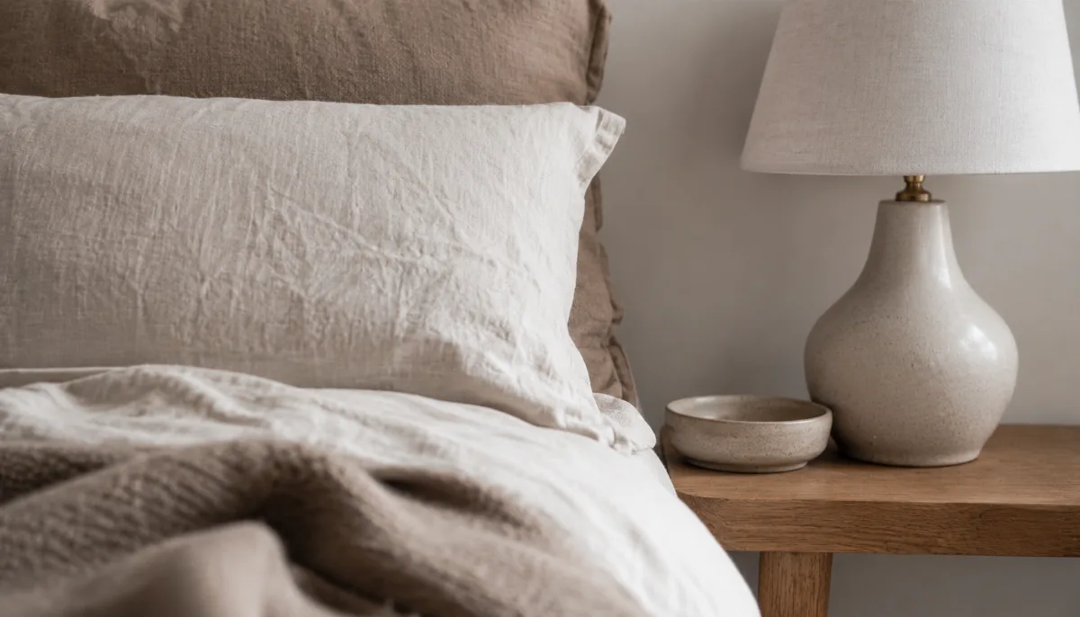 Calm minimalist bedroom with linen bedding and a single bedside lamp