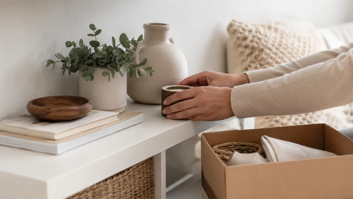Tidy shelf mid-organization with a few items set aside in a box