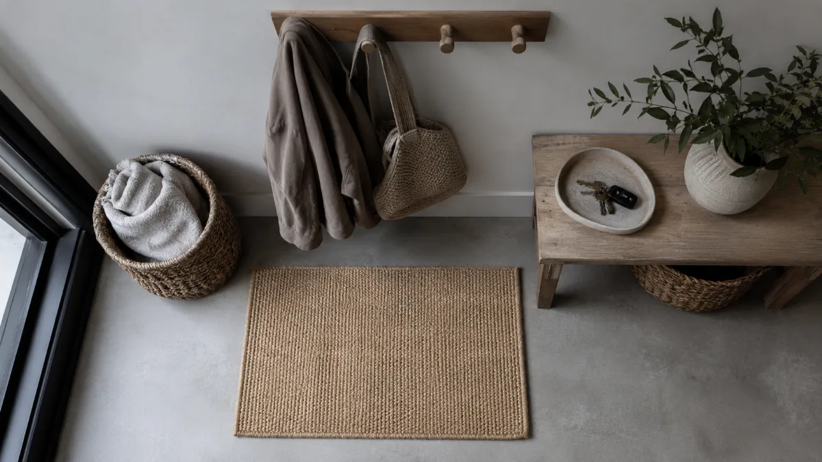 Simple entryway with wall hooks, a small tray for keys and a clean mat