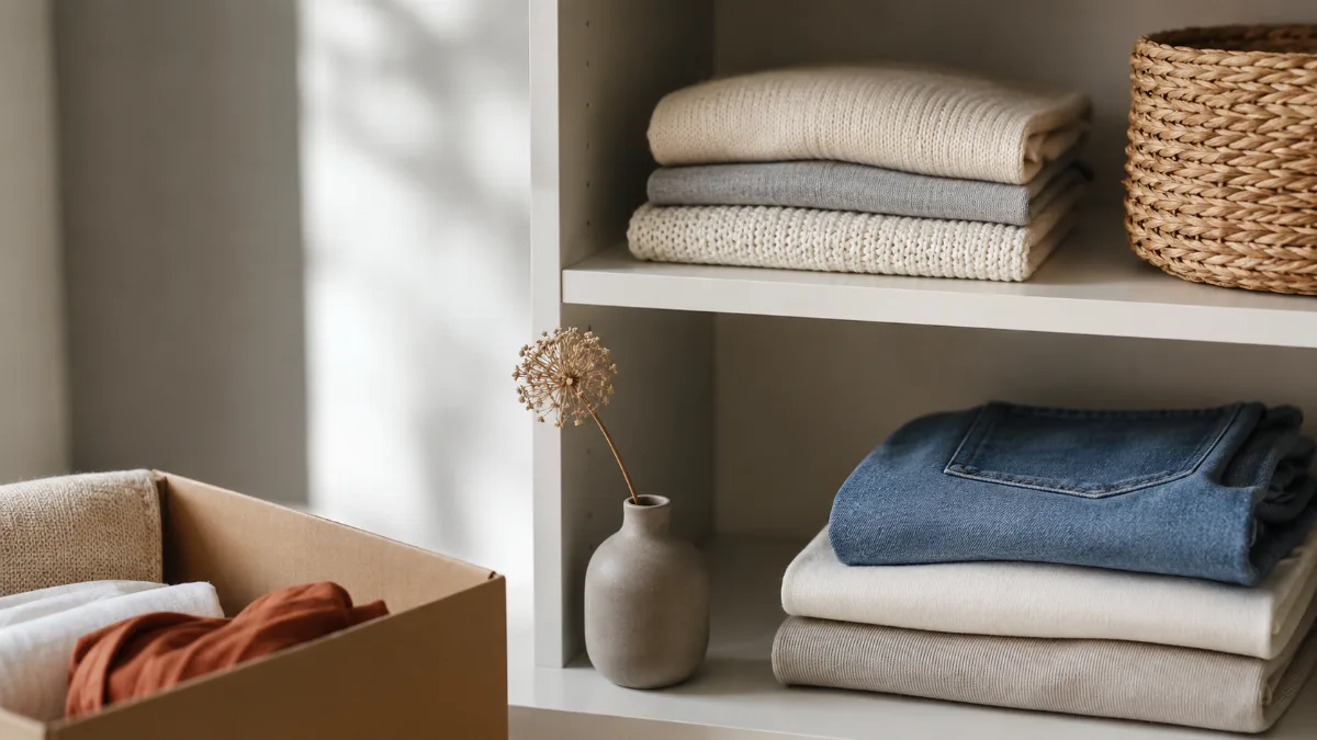 Tidy shelf mid-organization with a few items set aside in a box