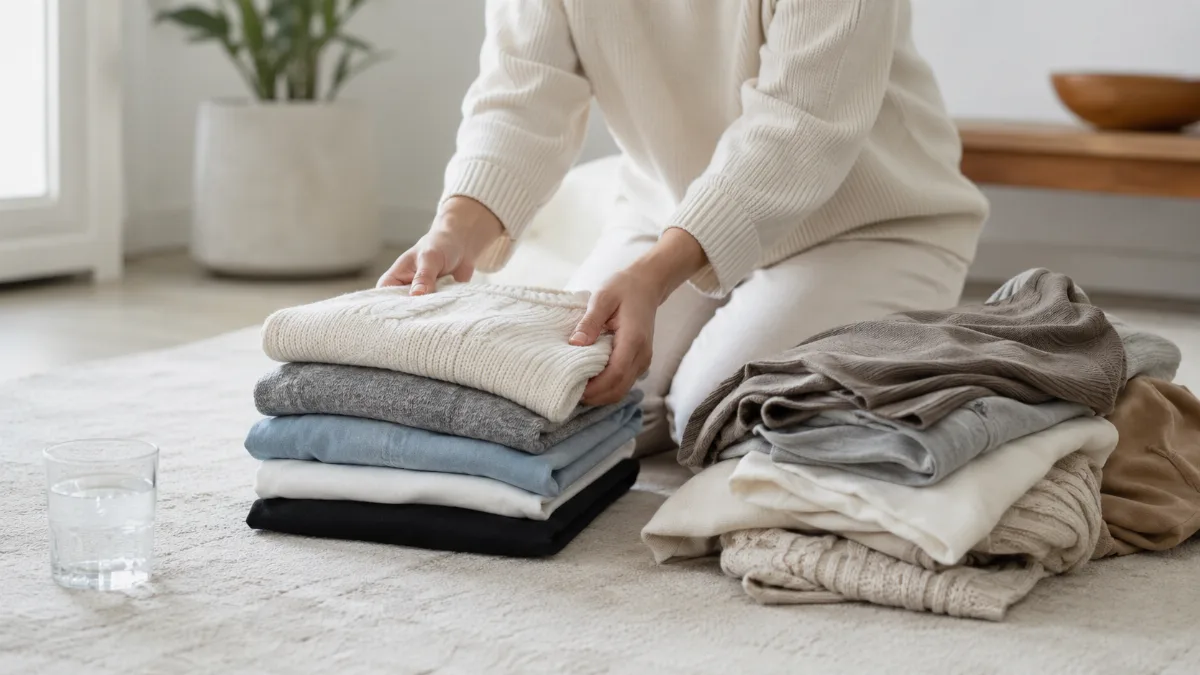 Items grouped into keep and let-go piles on a clean rug