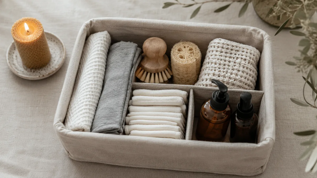 Hands sorting household items into a labeled fabric bin