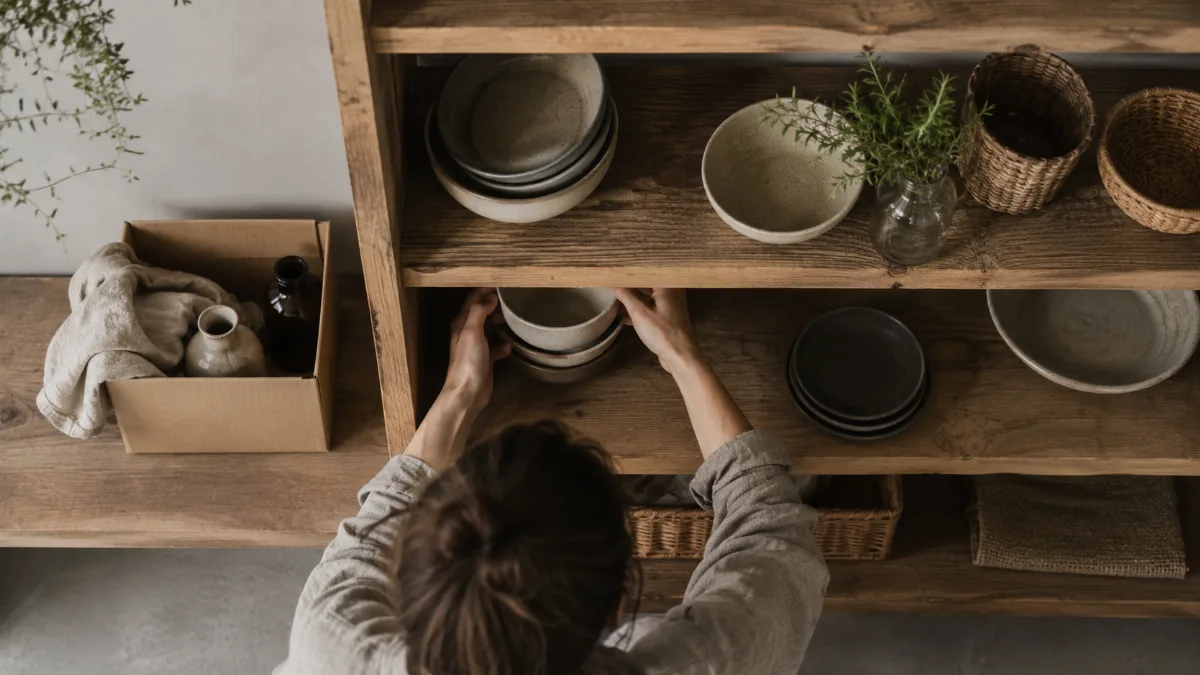 Tidy shelf mid-organization with a few items set aside in a box