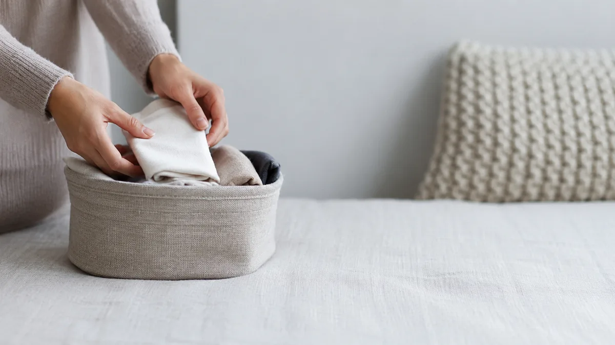 Hands folding items into a small storage basket