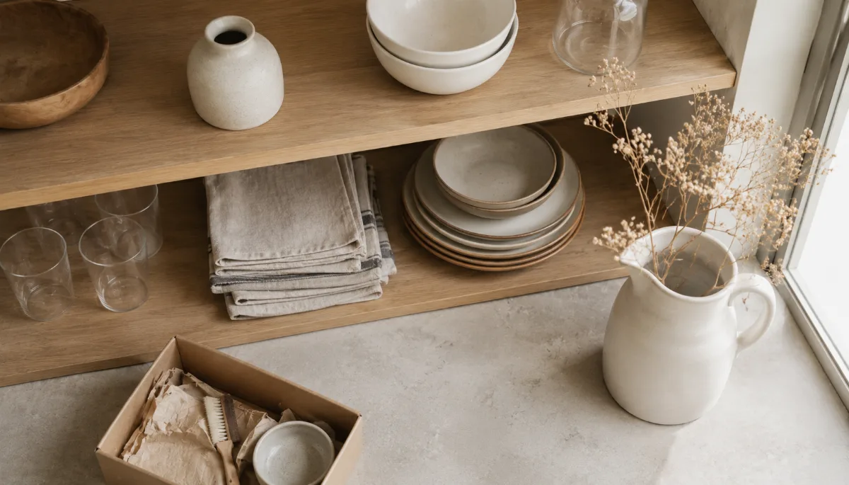 Tidy shelf mid-organization with a few items set aside in a box