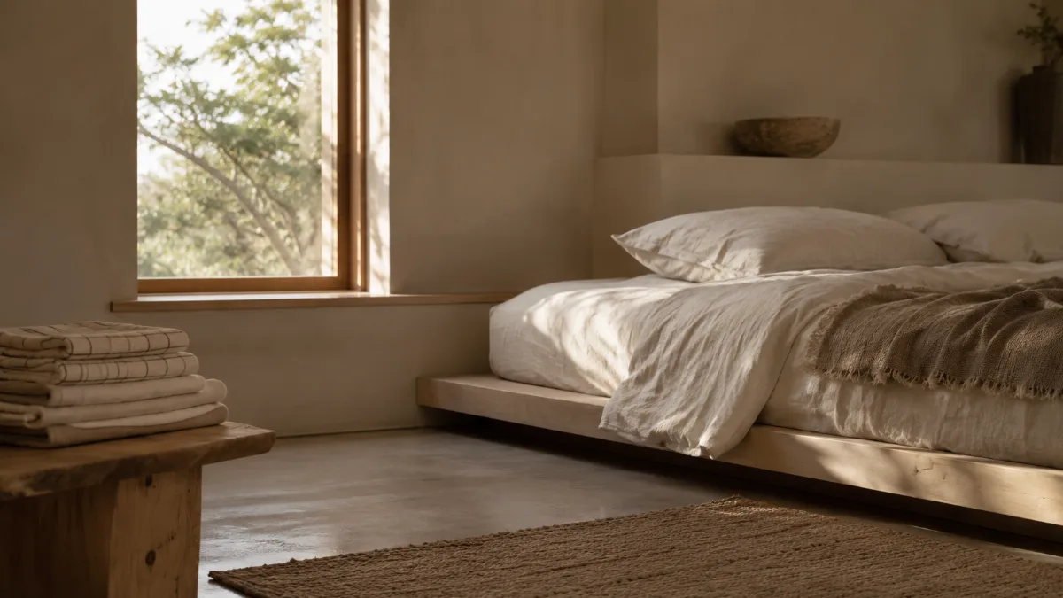 Low platform bed with crisp neutral sheets beside a bare window