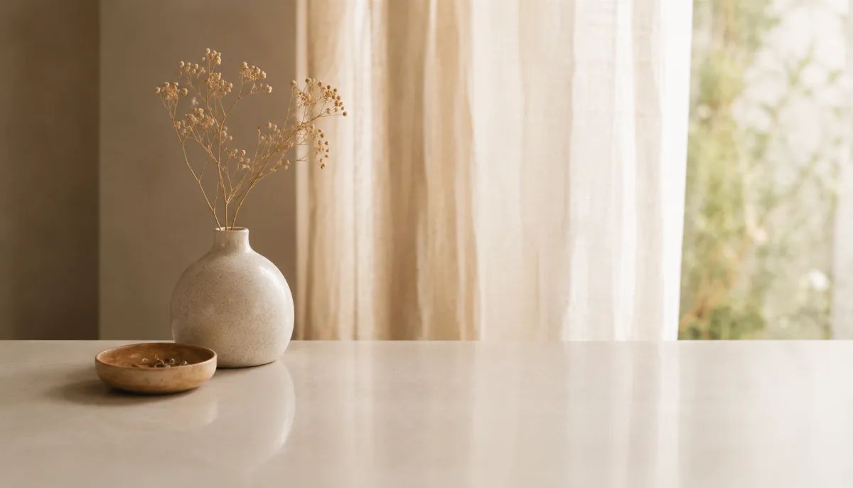 Clear, wiped surface holding only one or two intentional objects