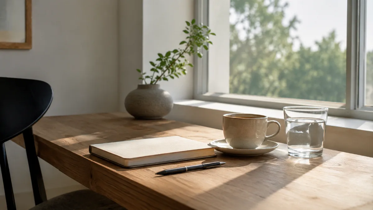 Clean wooden desk by a window with a notebook, pen and a cup of coffee