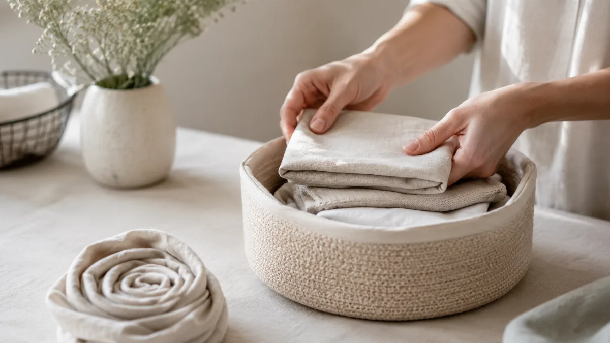 Hands folding items into a small storage basket