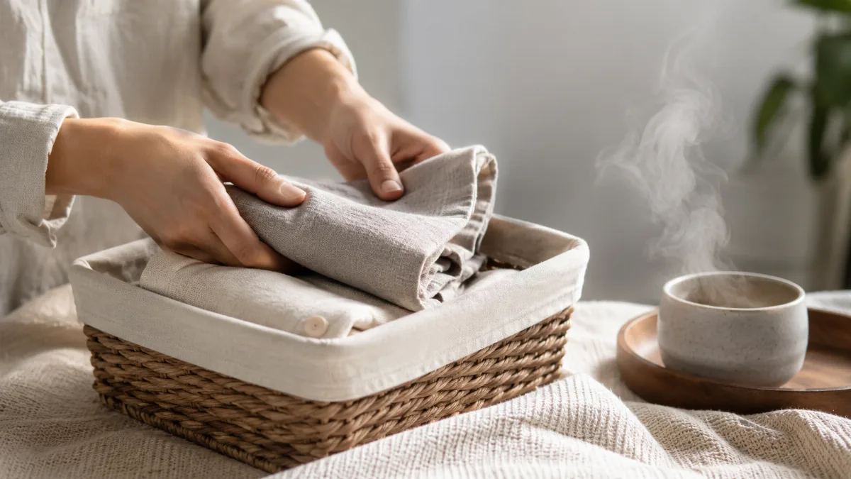 Hands folding items into a small storage basket
