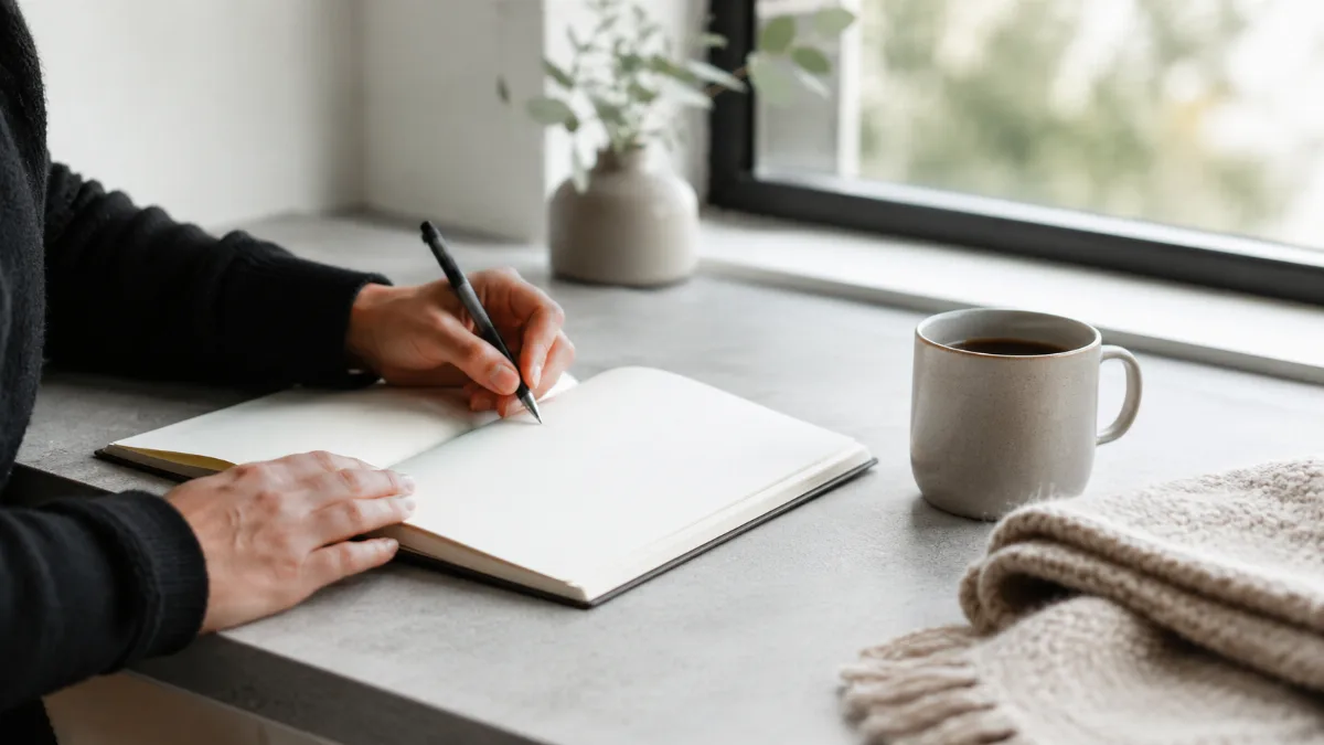 Bright morning scene with coffee and a notebook by a window