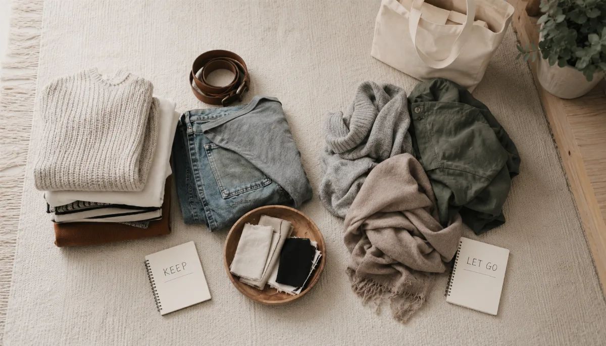 Items grouped into keep and let-go piles on a clean rug