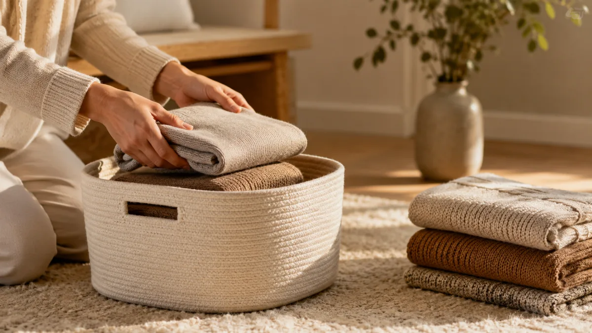 Hands folding items into a small storage basket