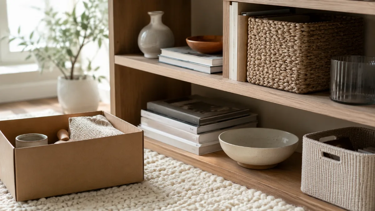 Tidy shelf mid-organization with a few items set aside in a box