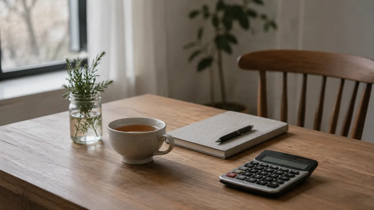 Tidy desk with a calculator, notebook and a cup of tea