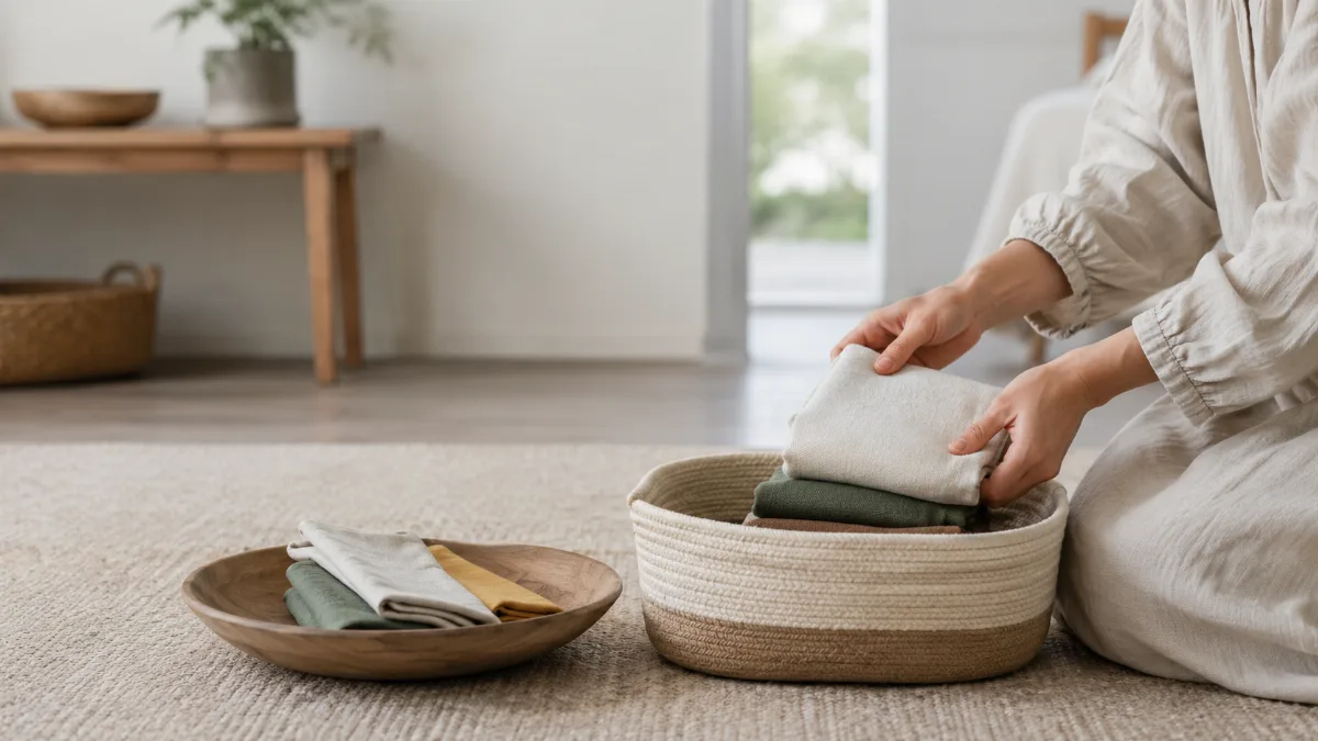 Hands folding items into a small storage basket