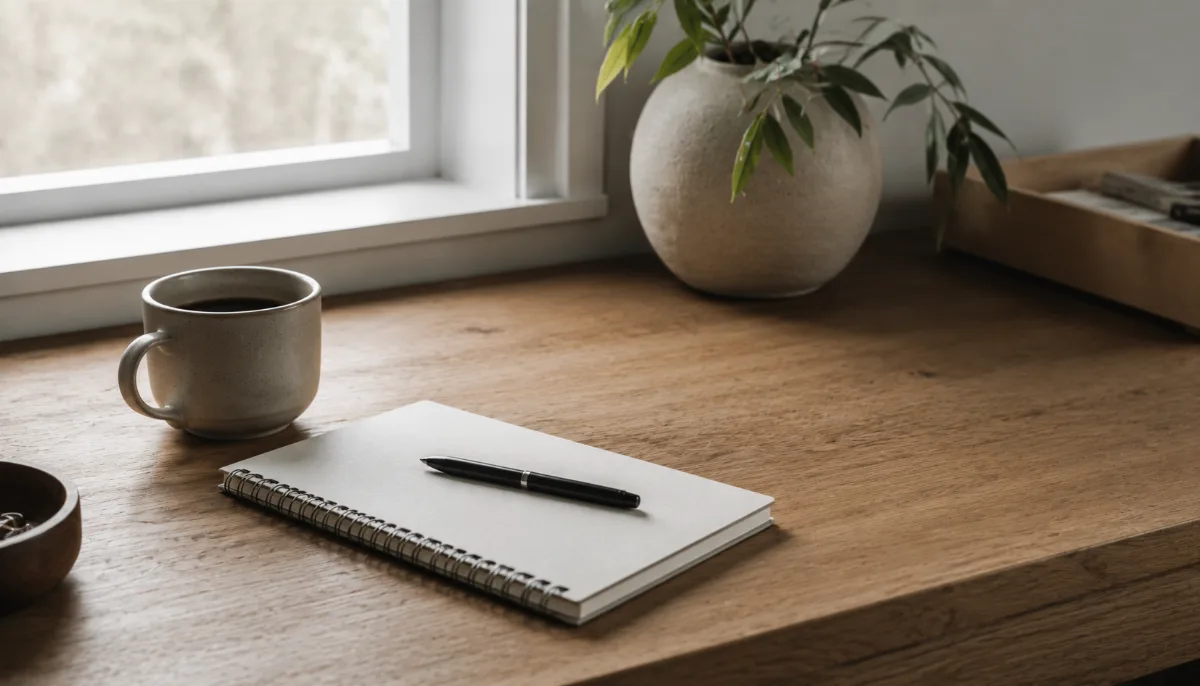 Clean wooden desk by a window with a notebook, pen and a cup of coffee