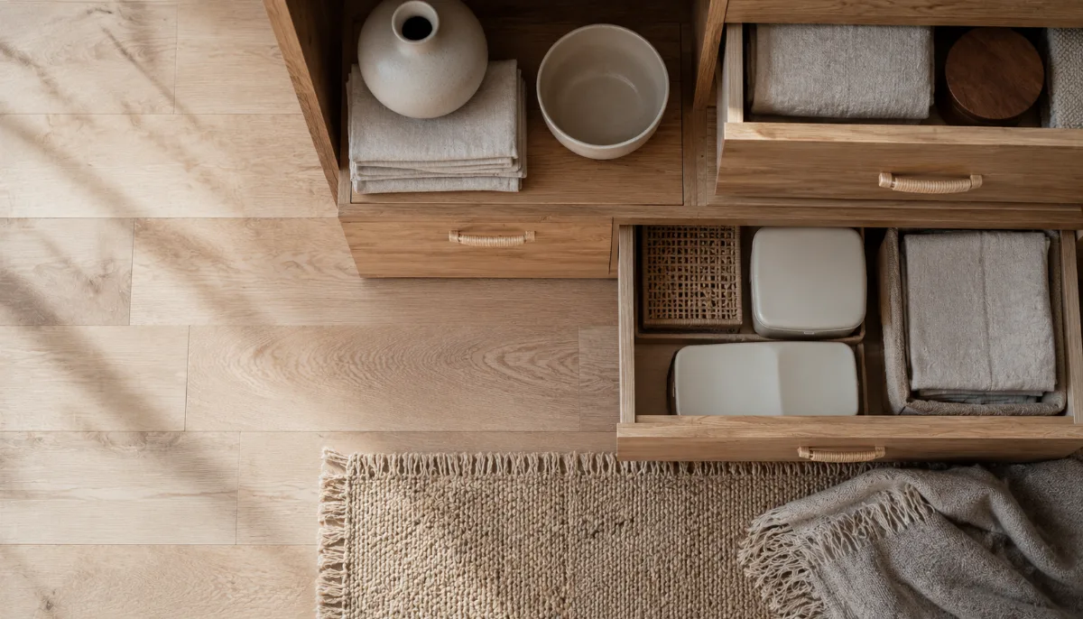 Orderly cupboard with stacked containers