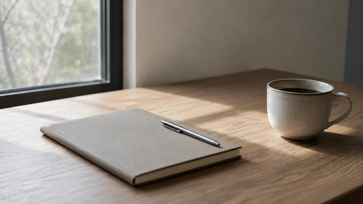 Clean wooden desk by a window with a notebook, pen and a cup of coffee