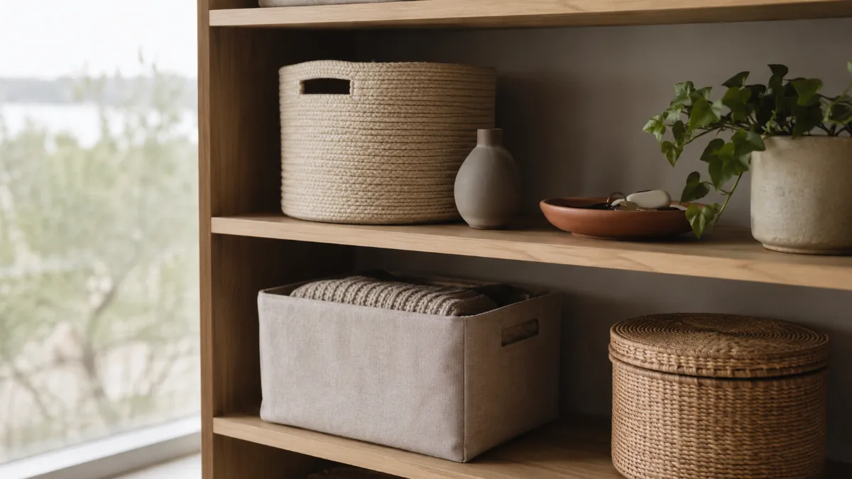 Tidy organized shelf with baskets and a few neat items