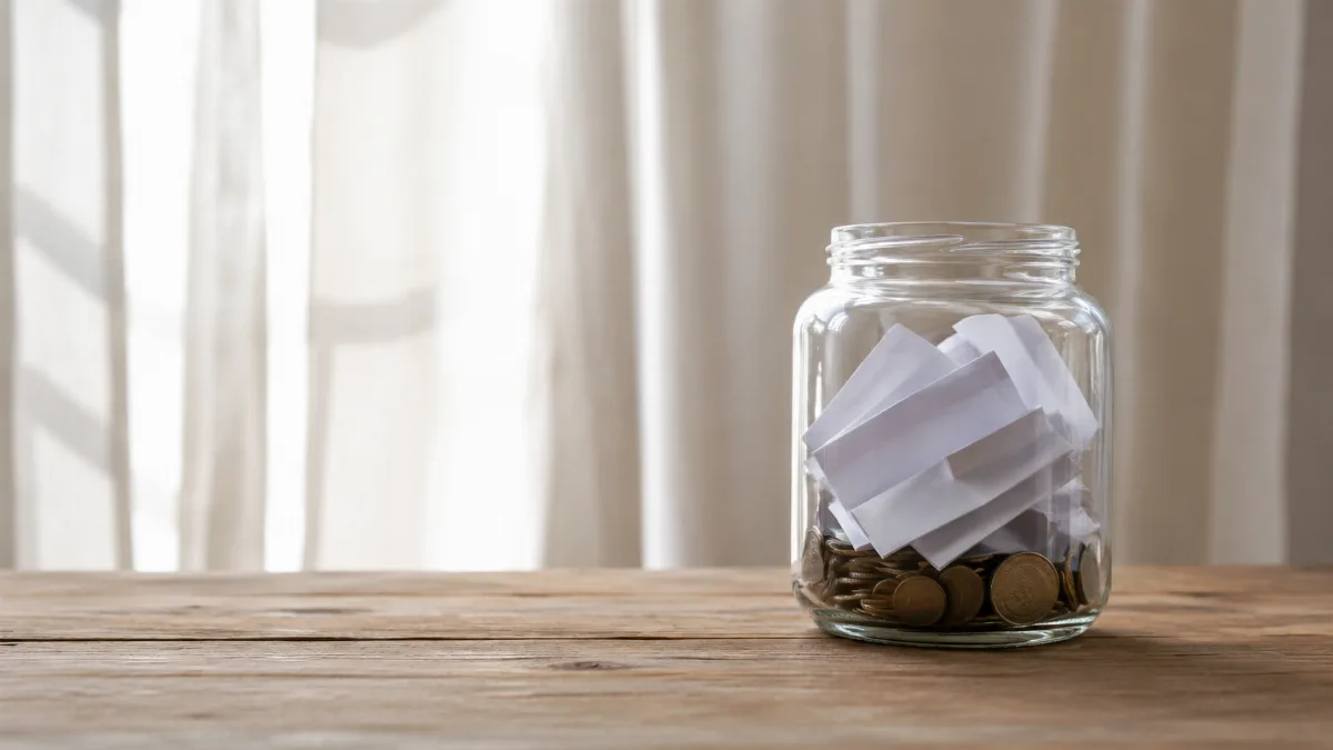 Glass jar holding folded notes and coins on a wooden surface