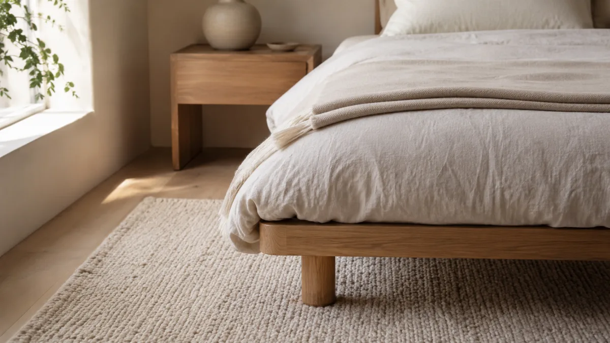 Serene bedroom corner with a soft throw folded at the foot of the bed