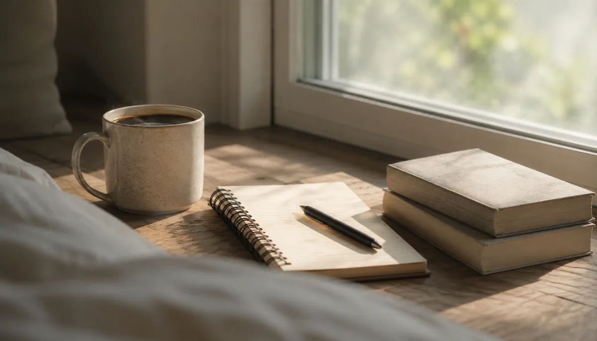 Bright morning scene with coffee and a notebook by a window