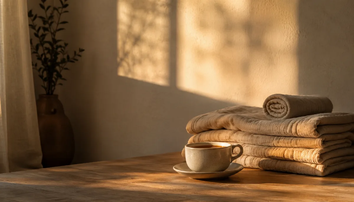 Calm evening corner with tea and a folded blanket