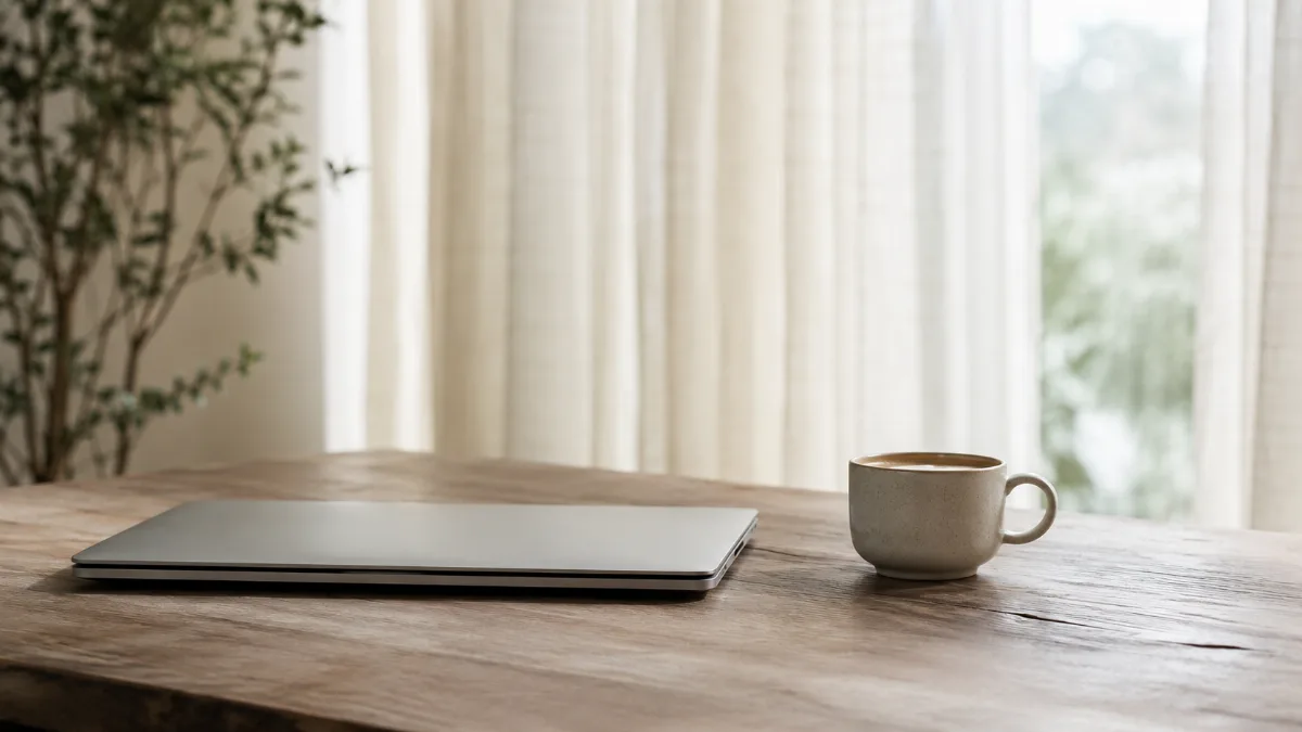 Clean desk with one closed laptop and a cup of coffee