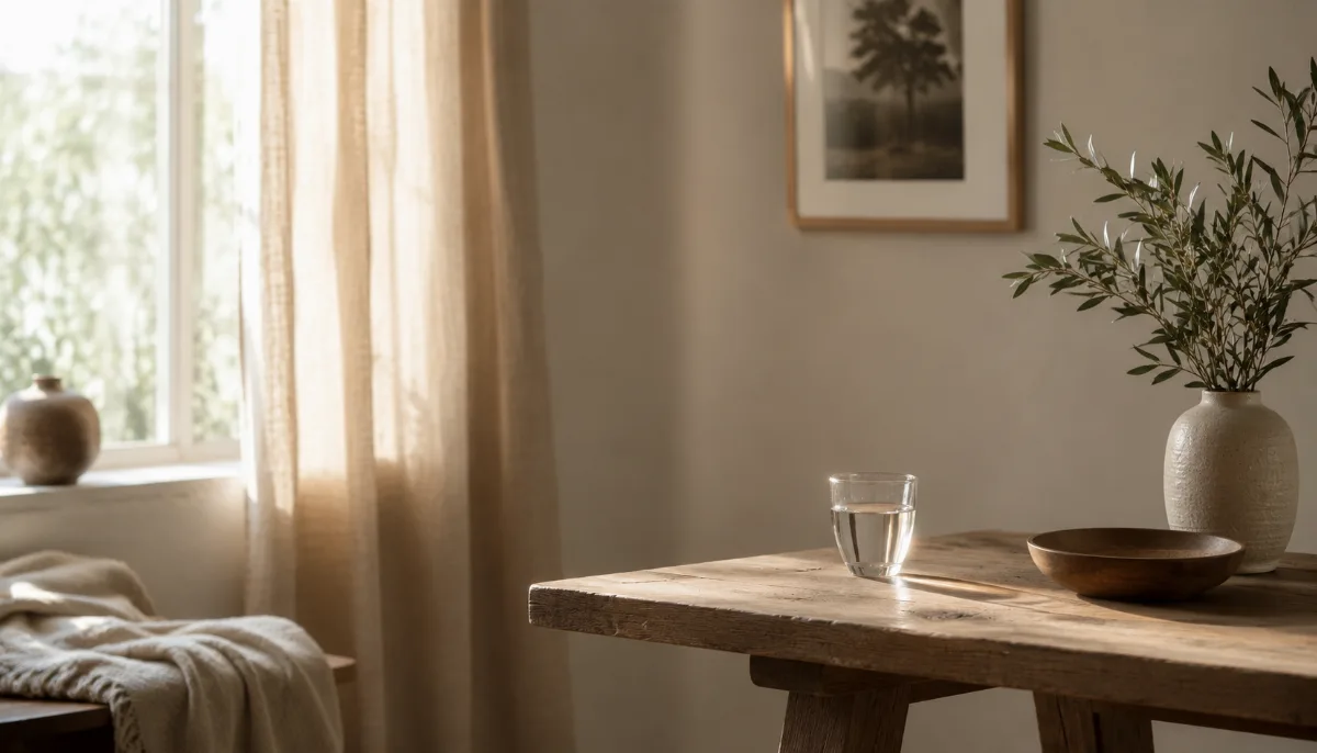 Serene styled vignette with neutral tones and soft daylight