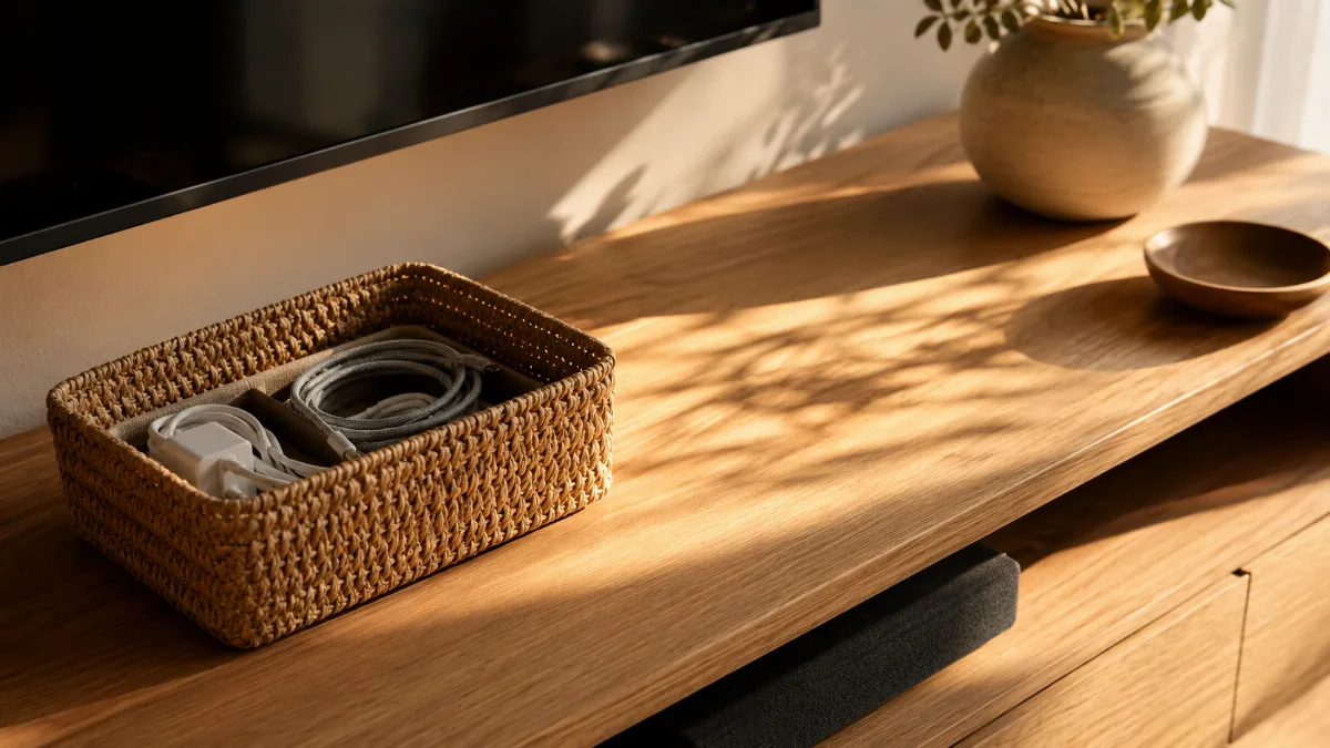 Tidy media console with charging cables tucked into a small woven basket