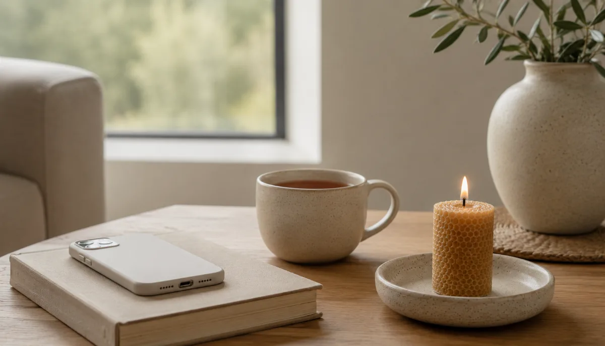 Single phone face-down beside a book and a cup of tea