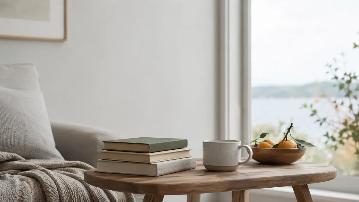 Small stack of books beside a mug on a wooden side table
