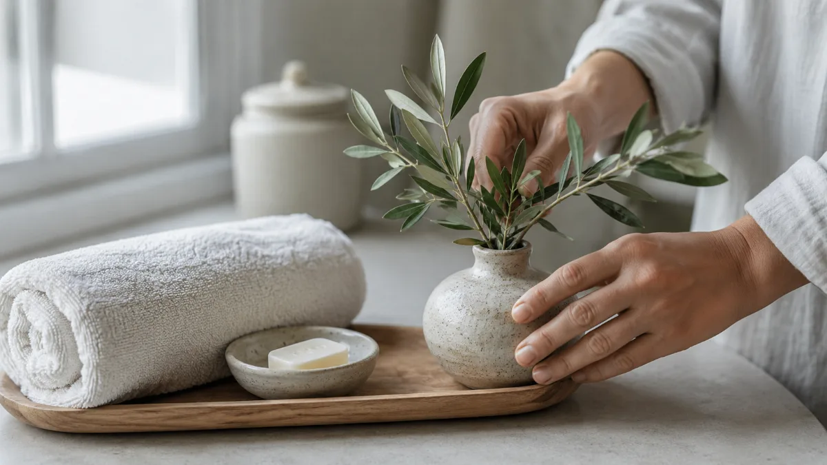 Serene styled vignette with neutral tones and soft daylight