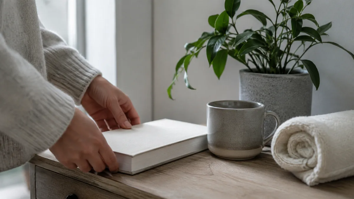 Calm styled corner with a plant, a book and a mug