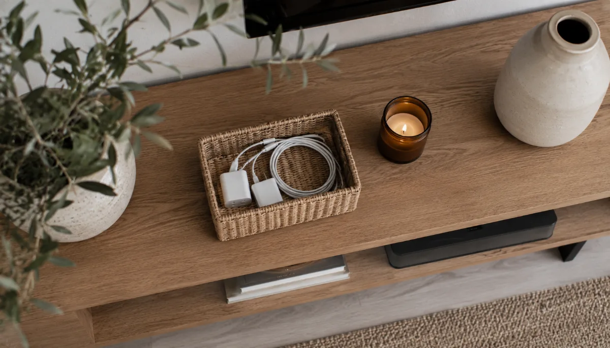 Tidy media console with charging cables tucked into a small woven basket